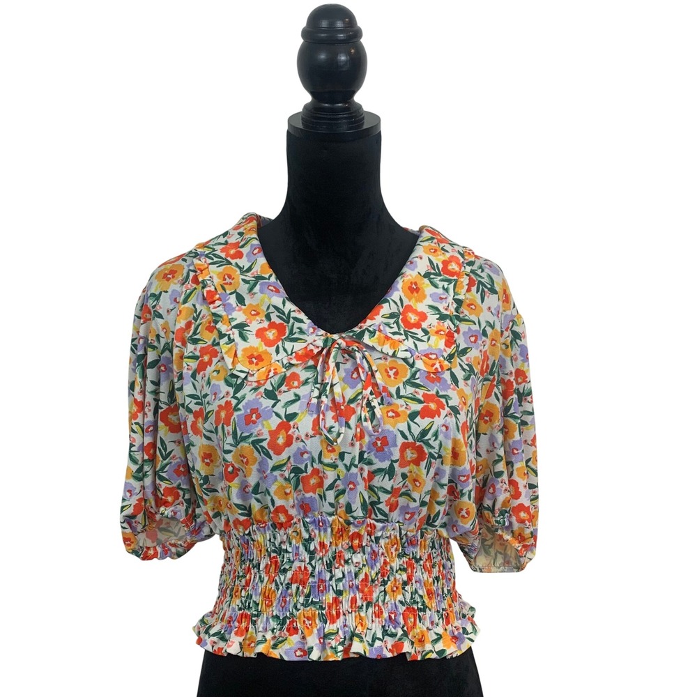 S.C. Society Women's L Floral Smocked Peplum Blouse Orange Purple Bloomcore